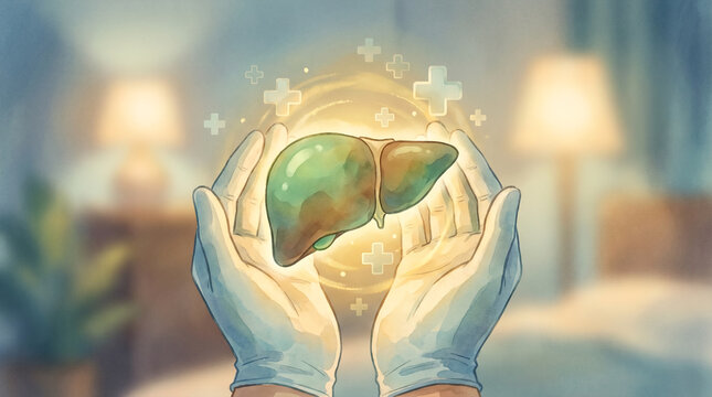 Hands in gloves hold healthy liver with medical symbols