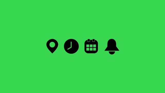 Animated Time Management and Scheduling Icons: Location, Clock, Calendar, and Notification Bell on Green Screen Background.