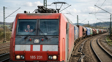 Fototapeta premium Red electric freight locomotive hauling a long cargo train on a rural railway.