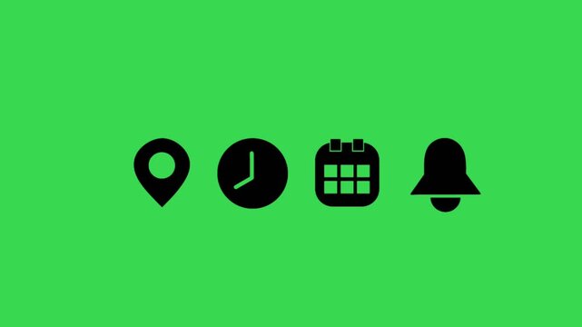 Animated Time Management and Scheduling Icons: Location, Clock, Calendar, and Notification Bell on Green Screen Background.