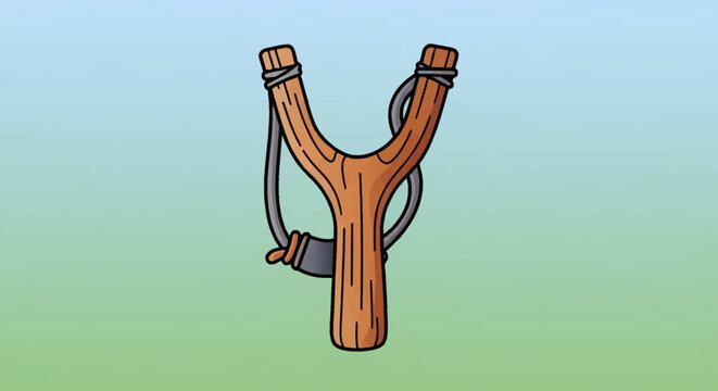 Cartoon style wooden slingshot illustration with elastic bands and pouch for aiming and shooting