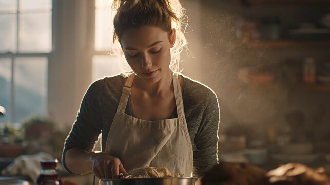 Woman baking in kitchen with sunlit dust particles
