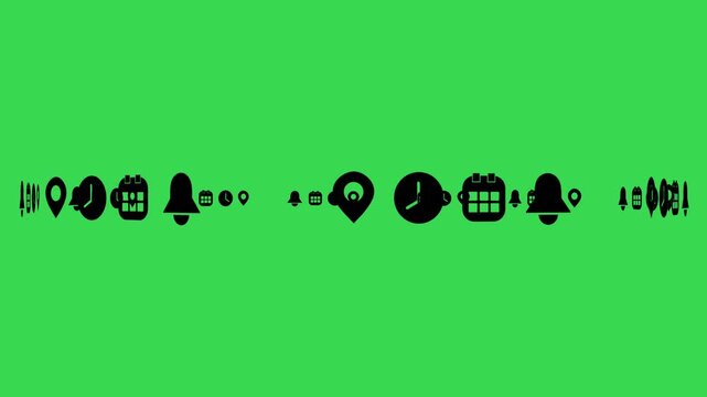 Animated Rotating Time Management and Scheduling Icons: Location, Clock, Calendar, and Notification Bell on Green Screen Background.