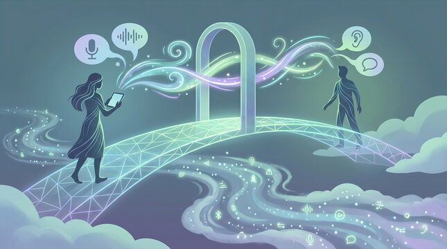 Futuristic connection between people via digital bridge.