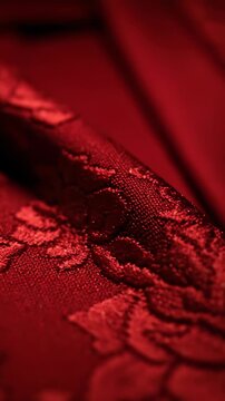Close-up of luxurious red fabric with intricate floral embroidery, showcasing texture and detail.