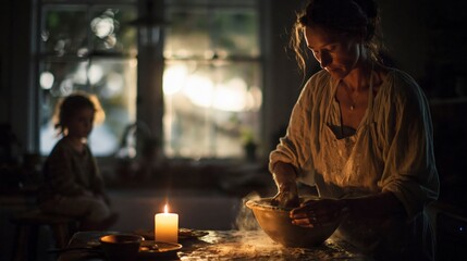 Obraz premium Woman kneading dough by candlelight with child in background
