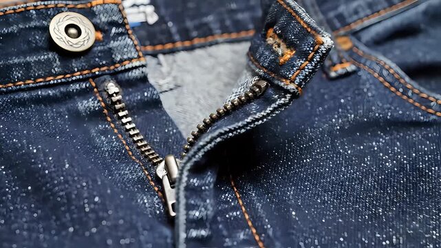 Closeup of a denim jeans zipper and button with detailed texture.