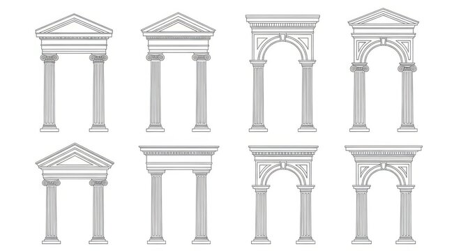 Architectural sketch collection a variety of classical archways and pediments in black and white