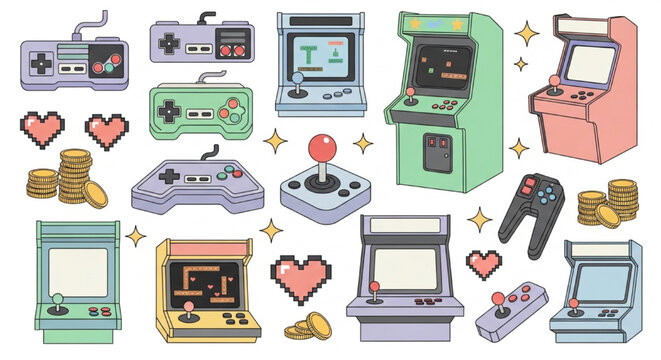 Retro Gaming Vector Set with Arcade Machines, Controllers and Pixel Elements in Neon Flat Isolated Style