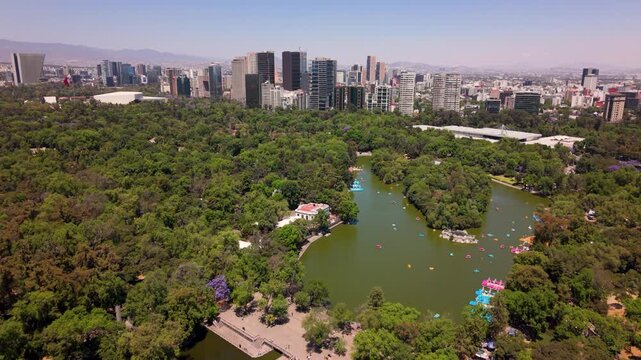 Mexico City aerial of Chapultepec Lake with boats and greenery