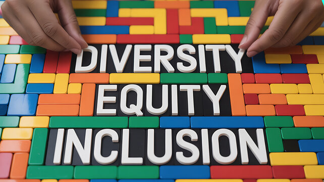 Hands arranging blocks spelling diversity equity inclusion emphasizing health, wellness, and vitality