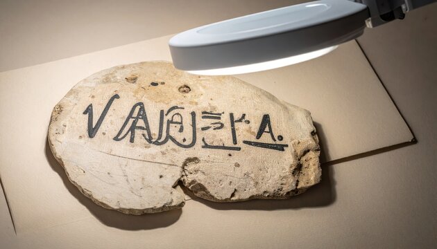 Ancient Egyptian Demotic script inscription on linen ostracon examined under light