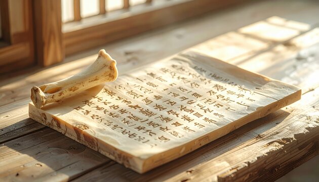 Ancient Chinese Oracle Bone Script Fragment With Delicate Characters Etched Into Bone Surface Illuminated by Sunlight