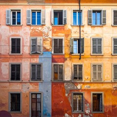 Obraz premium Close-up of a colorful, aged building facade with many windows