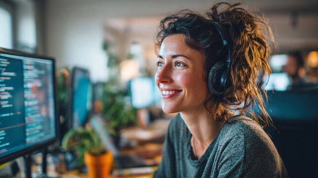 A smiling woman wearing headphones in a modern office