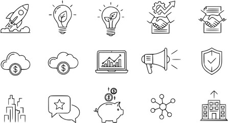 Fototapeta premium Business Line Icons: Startup Rocket, Idea Bulb, Handshake, Cloud Finance, Laptop Chart, Megaphone, Shield, Cityscape, Piggy Bank, Network, Building