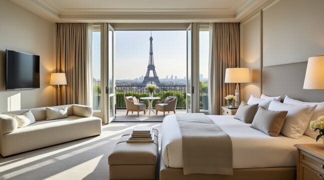 Luxurious hotel room with eiffel tower view in paris