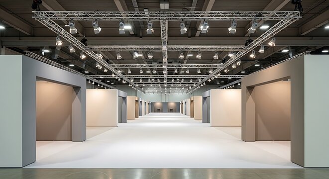 Vast empty exhibition hall with lighting rigs and corridors, ready for an event setup and display