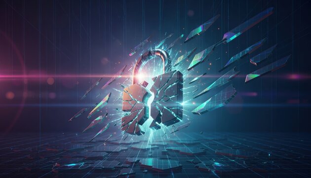 Broken Padlock Shattering Amidst Digital Explosion Illustrating Cyber Security Breach