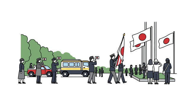 Japanese ceremony vector with uniformed personnel and national flags