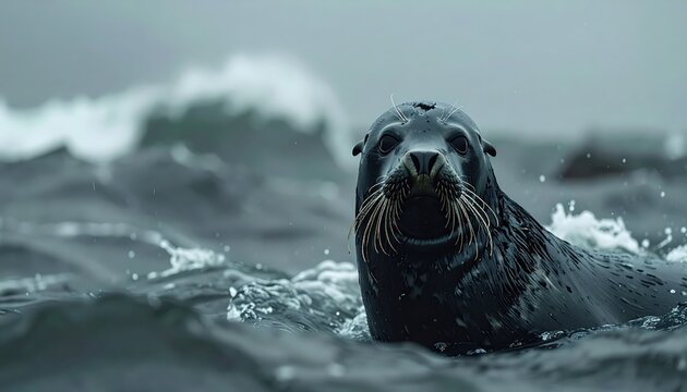 A solitary seal with dark wet fur surfaces for air in a choppy ocean sea, its face looking towards the viewer.