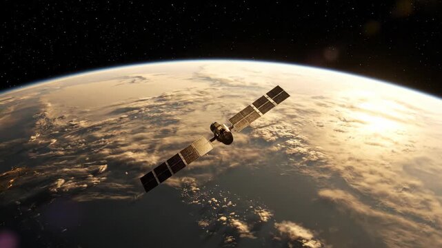 Satellite orbiting Earth in low Earth orbit during sunrise, capturing the planet's curve and blue atmosphere.