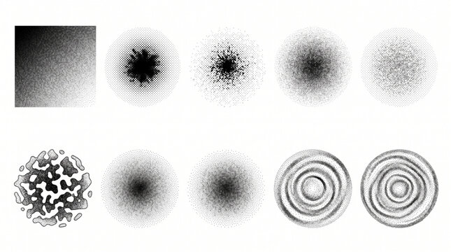 Stipple and halftone texture set, dithered grain circle collection, noise gradient brushes, pointillism dot patterns, spray paint effects, retro minimalist graphic design assets, vector dot shapes