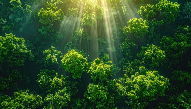 Sunlight streams through a dense canopy of lush green trees, creating a breathtaking natural spectacle.