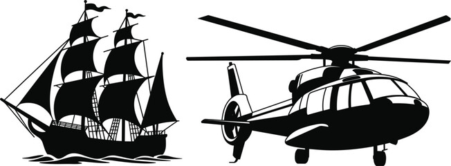 Silhouettes of sailing ship and helicopter illustrating contrast between historic and modern transportation © Monjurul