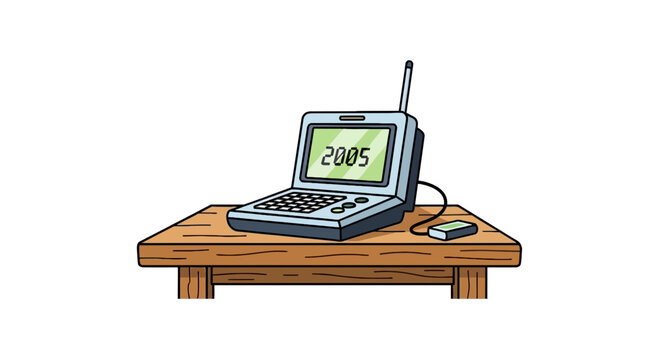 Vector illustration of a vintage 2005 computer on a wooden table