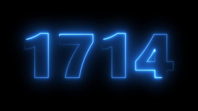 Neon blue glowing number 1714 animation on black background, digital countdown timer