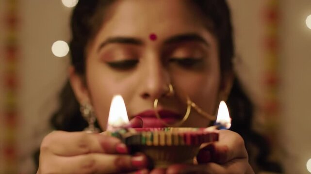 A woman holds a lit oil lamp, with her face and eyes visible