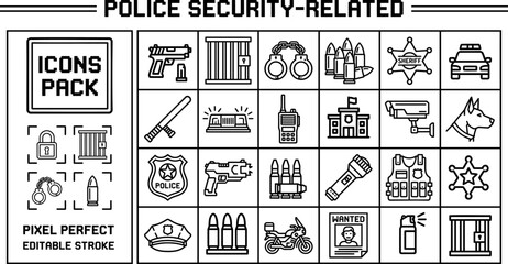 Police and Security Service outline icon set. Featuring officer, badge, patrol car, handcuff, and emergency call symbols. Editable stroke vector icons for law enforcement and public safety design. © Pixel_Forge