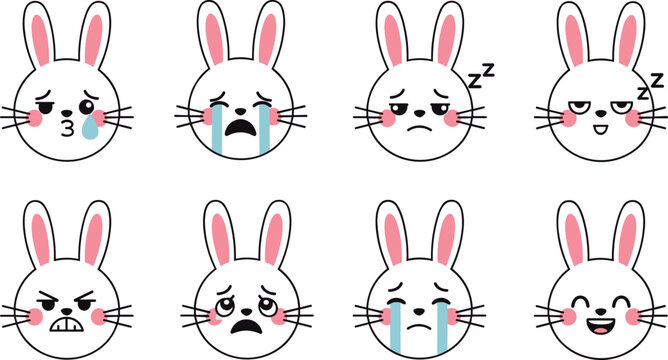 Cute Bunny with Various Facial Expressions Illustration for Emotions, Animals, and Character DesignsCute Bunny with Various Facial Expressions Illustration for Emotions, Animals, and Character Designs