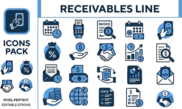 Accounts receivable line icon set in clean vector style for finance dashboards, invoicing software, and payment management templates