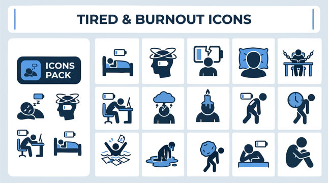 Tired and Burnout Worker outline icon set. Featuring exhaustion, deadline stress, overwork, sleep deprivation, and mental fatigue symbols. Editable stroke vector icons for workplace wellness program.
