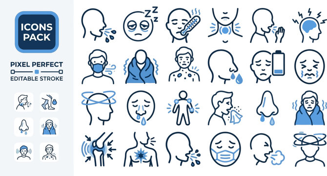 Facial expression and emotion icon set in line vector style for mental health apps, psychology dashboards, educational materials, and wellness graphics