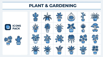 Plant and Gardening outline icon set. Featuring pot, sprout, leaf, watering can, and shovel symbols. Editable stroke vector icons for landscape service and home gardening hobby design template. © Pixel_Forge