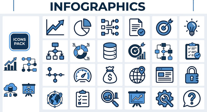 Infographic and Data Visualization outline icon set. Featuring chart, graph, statistic, pie diagram, and report symbols. Editable stroke vector icons for business presentation and analytics design.