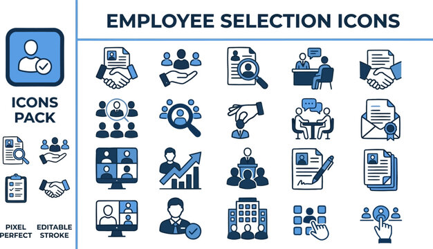 Employee Selection and Recruitment outline icon set. Featuring interview, resume, hiring, candidate, and team selection symbols. Editable stroke vector icons for HR agency and talent acquisition.