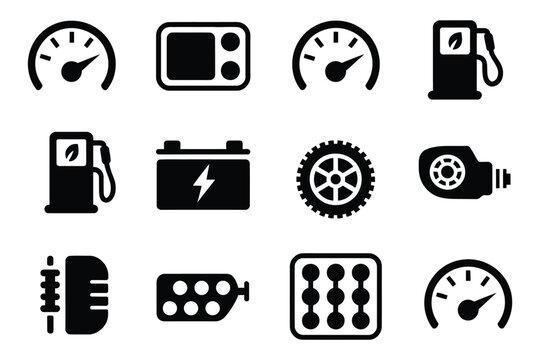 Speedometer icon set vector, car performance gauge with tire turbo odometer display gear and torque indicators for automotive dashboard design