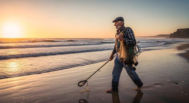 Experienced elderly man carrying a fishing net and pole while strolling along the shoreline during a vibrant sunset with crashing waves