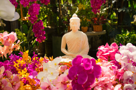 White Buddha statue with colorful orchids for peple to respect.