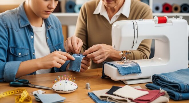 Two women of different generations learning to sew together with a sewing machine and fabric