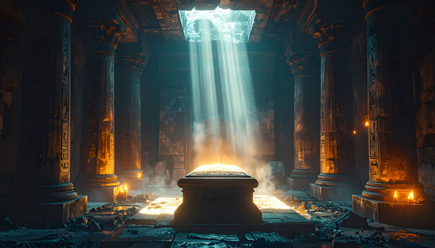 Mysterious Ancient Tomb with Divine Light Beams Illuminating a Stone Sarcophagus.
