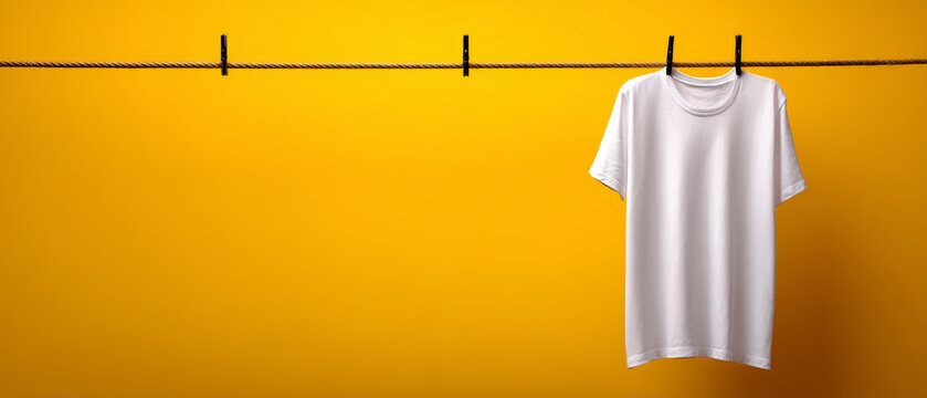 White t shirt cotton shirt clothesline yellow background minimalist copy space casual clothing clean laundry blank tee design hang simply against