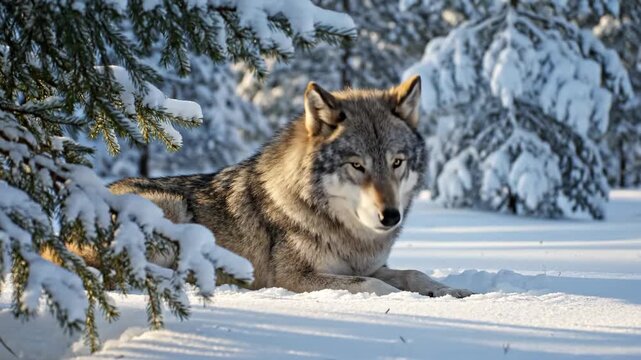 Majestic gray wolf resting in a snow-covered forest during a serene, cold winter wilderness scene.