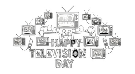 Naklejka premium Happy Television Day vector illustration with family and retro TVs