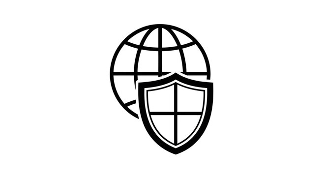 Black and white shield globe icon.