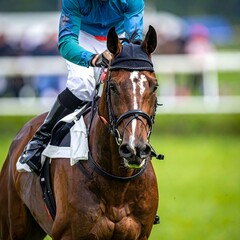 Obraz premium Close-up of horse and jockey, in focus, poised on a green course